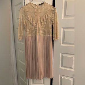 Zara midi dress, pleated skirt, lace top, zip back